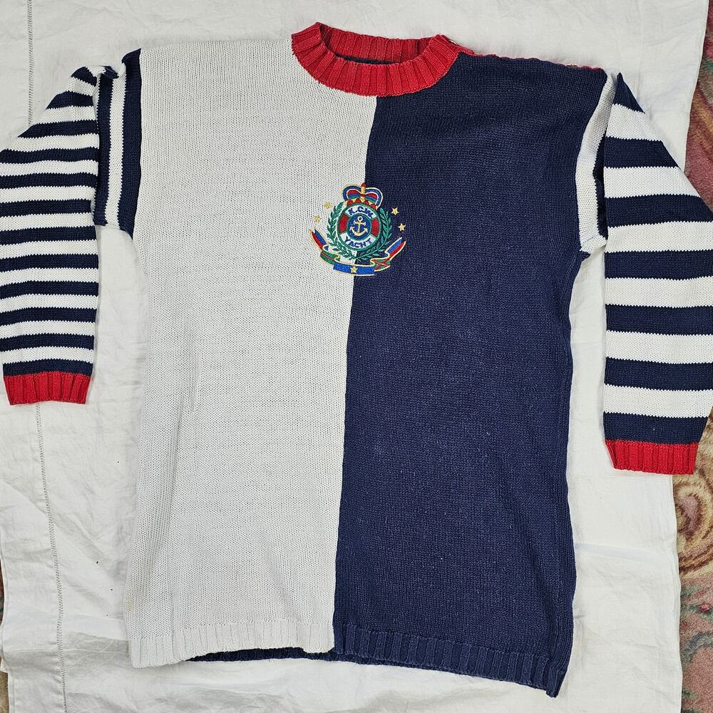 VTG 80s oversized red white blue embroidered crest sweater nautical M